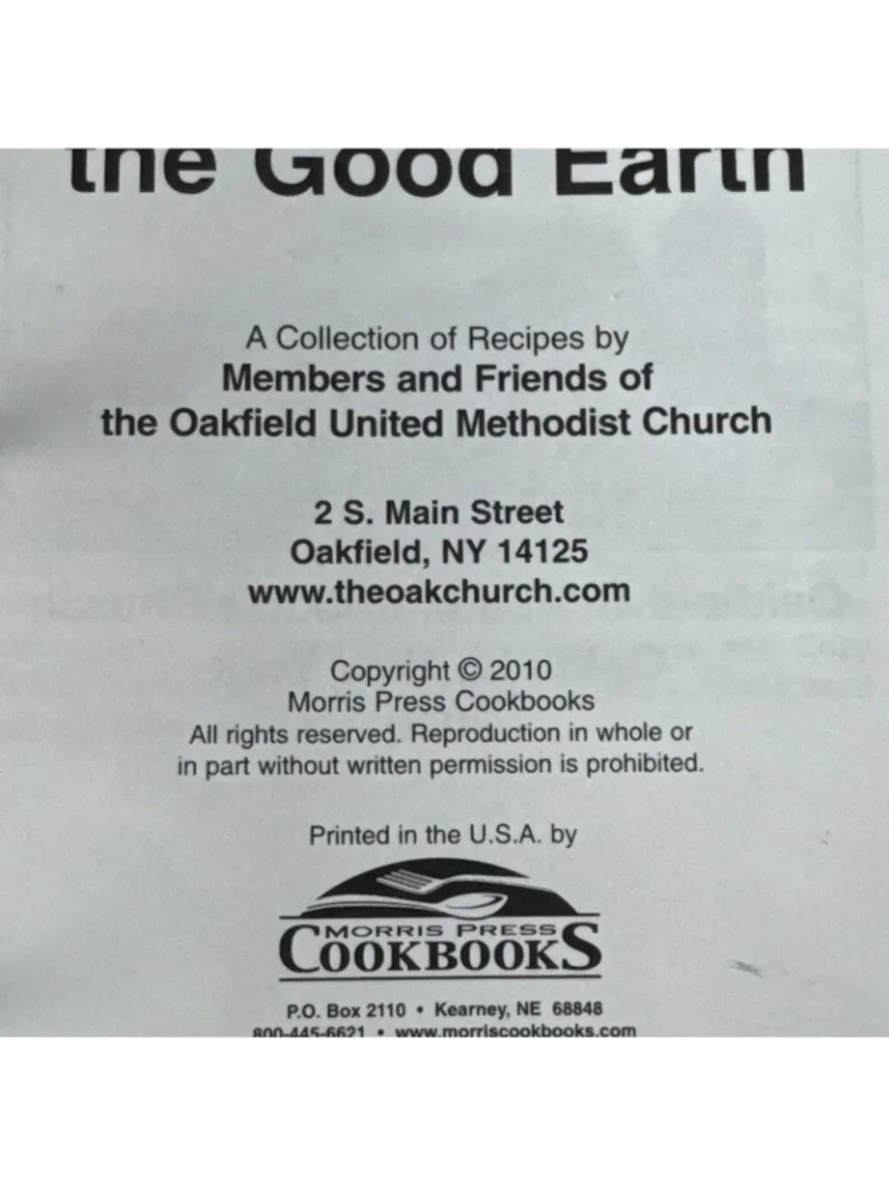 2010 Pleasures from the Good Earth Cookbook Oakfield NY United Methodist Church